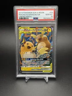 2019 Pokemon Sun Moon Unified Minds Raichu & Alolan Raichu GX #54 GEM PSA 10 - Image 1