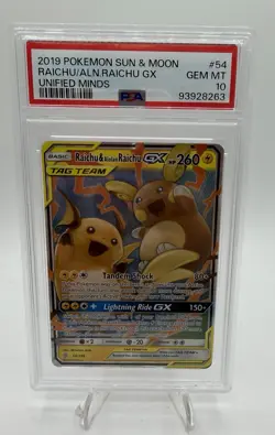 2019 Pokemon Sun Moon Unified Minds Raichu Alolan Raichu GX #54/236 PSA 10 - Image 1
