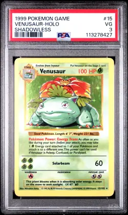 PSA 3 Venusaur Holo 15/102 Shadowless Base Set 1999 Pokemon Card - Image 1