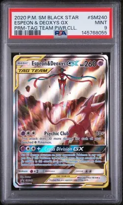 PSA 9 2020 POKEMON SM BLACK STAR PROMO #SM240 ESPEON & DEOXYS GX TAG TEAM - Image 1
