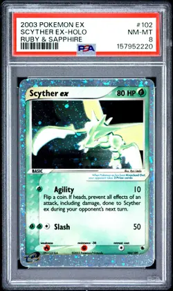 2003 POKEMON EX RUBY & SAPPHIRE #102 SCYTHER EX-HOLO PSA 8 - Image 1