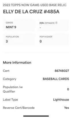 Elly De La Cruz - 2023 TOPPS NOW 485A - Game-used Base Relic 188/199 CYCLE PSA 9 - Image 4