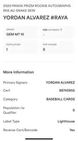 Yordan Alvarez - 2020 Panini Prizm RAYA Auto Snake Skin 17/20 RC PSA 10/10 POP 1 - Image 4