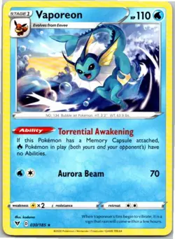 Rare Near Mint Vaporeon 030/185 Vivid Voltage Pokemon - Image 1