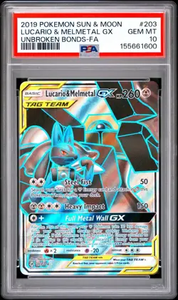 2019 Pokemon Sun Moon Unbroken Bonds Lucario Melmetal Tag Team GX 203/214 PSA 10 - Image 1