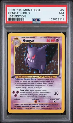 1999 Pokemon Fossil 1st Edition 5 Gengar PSA 7 159029111 - Image 1
