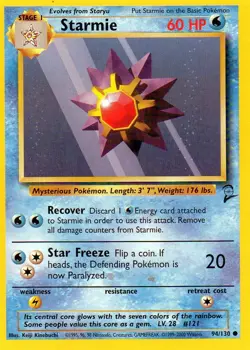 Pokemon Starmie Card 94/130 Base Set 2 Unlimited TCG - Image 1