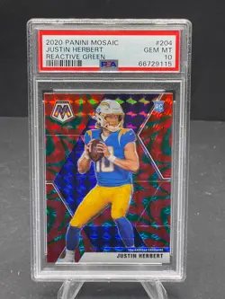 2020 JUSTIN HERBERT PANINI MOSAIC REACTIVE GREEN PRIZM RC #204 PSA 10 GEM MINT - Image 1