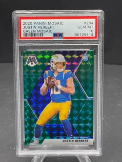 2020 JUSTIN HERBERT PANINI MOSAIC GREEN MOSAIC PRIZM RC #204 PSA 10 GEM MINT - Image 1