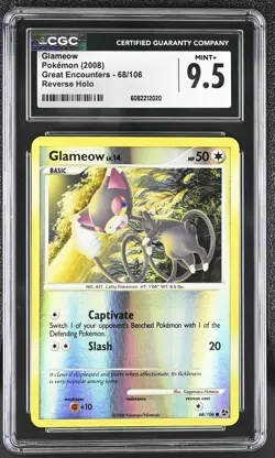 CGC 9.5 MINT+ Glameow 2008 Great Encounters 68/106 Reverse Holo Pokemon Card - Image 1