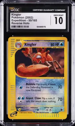 2002 POKEMON EXPEDITION, REVERSE HOLO #50/165 KINGLER CGC 10 GEM MINT - Image 1