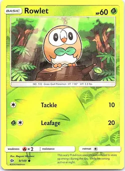 Rowlet SM Base Set 9/149 Common Pokemon Reverse Holo Near Mint Pokemon Card - Image 1