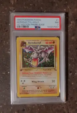 Pair PSA8 ERROR + PSA7 1999 POKEMON FOSSIL 1ST ED-PRERELEASE #1 AERODACTYL-HOLO - Image 2