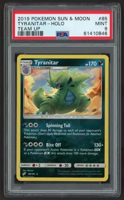 2019 Pokemon Sun & Moon Team Up Tyranitar Holo #85 - PSA 9 Mint - Image 1