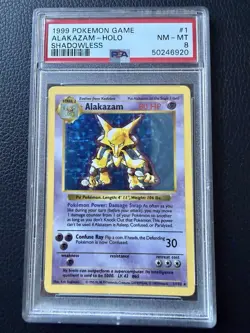 1999 Pokemon ALAKAZAM BASE SET SHADOWLESS 001/102 Holo PSA 8 - Case Damage - Image 1