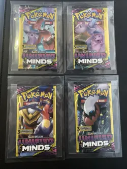 Pokemon Unified Minds - Sun & Moon 3 Card Booster Pack Lot of 4 - Full Art Set - Image 1