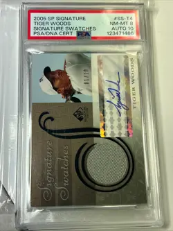 TIGER WOODS 2005 UPPER DECK SP SIGNATURE SWATCHES WHITE SHIRT AUTO PSA 8/10 1/10 - Image 1