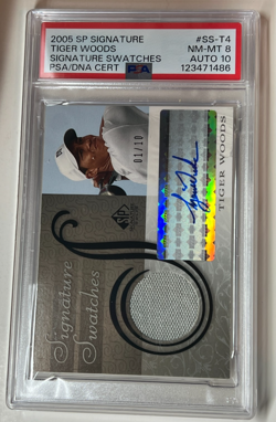 TIGER WOODS 2005 UPPER DECK SP SIGNATURE SWATCHES WHITE SHIRT AUTO PSA 8/10 1/10 - Image 2
