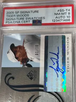 TIGER WOODS 2005 UPPER DECK SP SIGNATURE SWATCHES WHITE SHIRT AUTO PSA 8/10 1/10 - Image 3