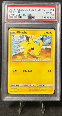 2019 POKEMON SUN & MOON UNBROKEN BONDS 54/214 PIKACHU PSA 10 - Image 1