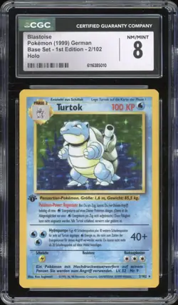 1999 Pokemon GERMAN 1st Edition Base Set Turtok-Blastoise Holo 2/102 CGC 8 NM-MT - Image 1