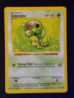 Caterpie 45/102 Common Base Set Shadowless Pokemon Near Mint 3 - Image 1