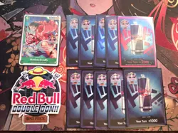 One Piece TCG Red Bull Double DON!! Full Set + PRB02-005 Luffy Promo + Sticker - Image 1
