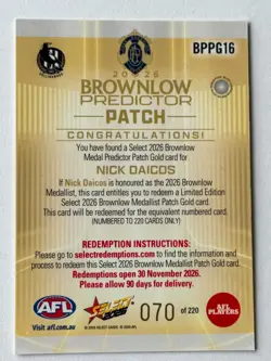 2026 Select Footy Stars Brownlow Patch Predictor - NICK DAICOS #070/220 - Image 2