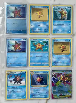 9x Staryu & Starmie Pokemon Card lot, vintage-present, 1 Double rare, LP to NM - Image 1