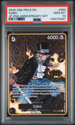 2025 ONE PIECE OP04-083 JAPANESE 2ND ANNIVERSARY SET SABO ENG PSA 10 GEM MINT - Image 1