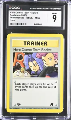 CGC 9 MINT Here Comes Team Rocket! 15/82 1st Edition Holo Pokemon Card - Image 1