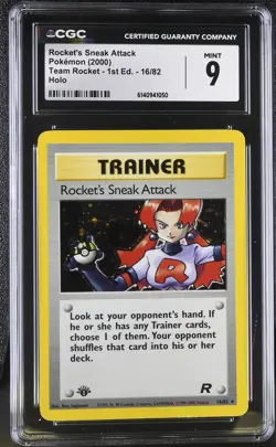 CGC 9 MINT Rocket's Sneak Attack 16/82 Team Rocket 1st Edition Holo Pokemon Card - Image 1