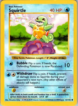 Squirtle 63/102 Common Base Set Shadowless Pokemon Unlimited Heavily Played - Image 1