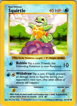 Squirtle 63/102 Common Base Set Shadowless Pokemon Unlimited Moderately Played - Image 1