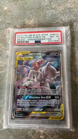 PSA 8 Mewtwo & Mew GX SM191 Black Star Promo Tag Team Full Art Pokemon Card - Image 1