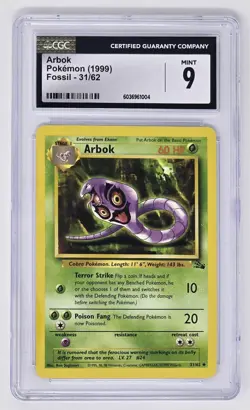 Arbok (31/62) CGC 9 Mint (1999) Pokemon Uncommon trading card, Fossil Set - Image 1