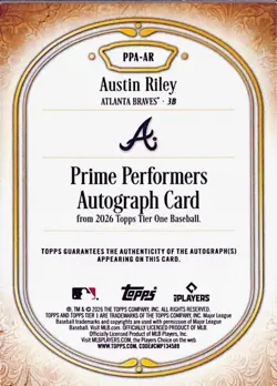 2026 Topps Tier One Holo Platinum Blue Austin Riley Auto 1/1 ONE OF ONE - Image 2