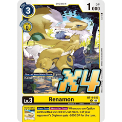 4x Renamon BT19-030 Release Special Booster 2.5 Uncommon Digimon Card Game NM - Image 1