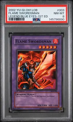 2002 YugiOH Flame Swordsman LOB-003 1st Edition Super Rare GLOSSY PSA 8 - Image 1