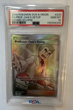 2019 POKEMON SUN & MOON COSMIC ECLIPSE FULL ART/PROFESSOR OAK'S SETUP PSA 10 - Image 1