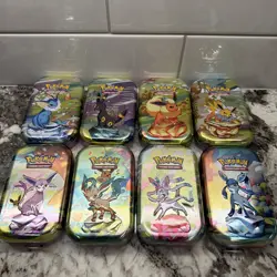 Pokemon Prismatic Evolutions 8x Official Empty Mini Tins Set Display & Coins and - Image 1