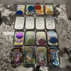 Pokemon Prismatic Evolutions 8x Official Empty Mini Tins Set Display & Coins and - Image 2