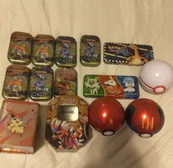 Pokemon Assorted Empty Tins - 7 Mini, 3 Balls,1 EX Tin, 2 Pencil Cases, 1 Stack - Image 1