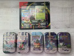 Pokemon TCG Lumiose City Full Set of 5 Mini Tins & Chikorita Blister Pack Promo - Image 1