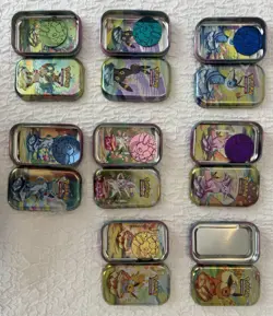 Pokemon Prismatic Evolutions Mini Tin Full Set x8 – Empty Tins+7 Art Cards Coins - Image 1