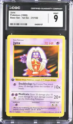 CGC 9 MINT Jynx 31/102 Base Set 1st Edition Shadowless Pokemon Card - Image 1