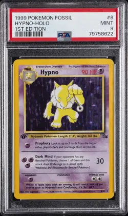 1999 POKEMON FOSSIL 1ST ED #8 HYPNO-HOLO PSA 9 - Image 1
