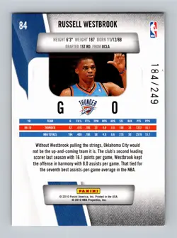 Russell Westbrook 2010-11 Panini Prestige Bonus Shots Gold /249 #84 FHOF NM-MT - Image 2