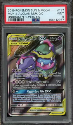 2019 Pokemon Sun & Moon Unbroken Bonds Muk & Alolan Muk GX #197 PSA 9 Mint - Image 1
