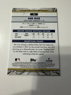 Topps 2025 Inception SP Ben Rice Rookie #103 New York Yankees MLB Baseball Card - Image 2